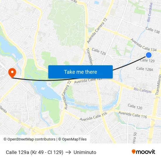 Calle 129a (Kr 49 - Cl 129) to Uniminuto map