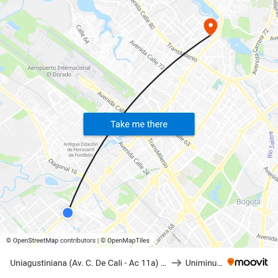 Uniagustiniana (Av. C. De Cali - Ac 11a) (B) to Uniminuto map