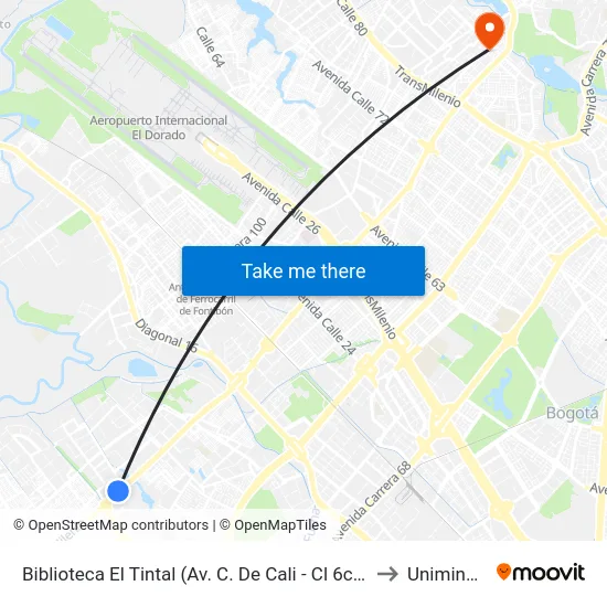 Biblioteca El Tintal (Av. C. De Cali - Cl 6c) (A) to Uniminuto map