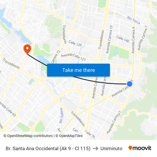 Br. Santa Ana Occidental (Ak 9 - Cl 115) to Uniminuto map