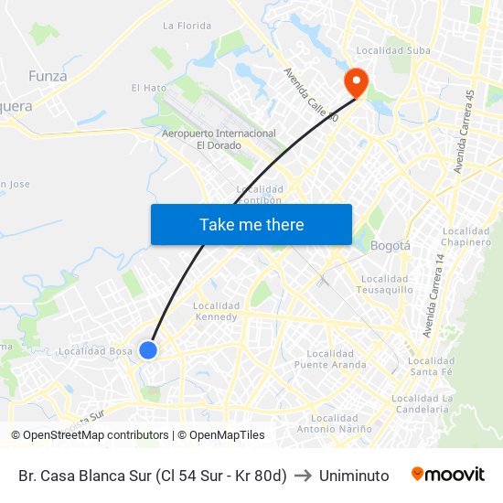 Br. Casa Blanca Sur (Cl 54 Sur - Kr 80d) to Uniminuto map