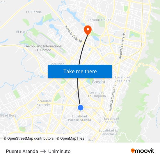 Puente Aranda to Uniminuto map