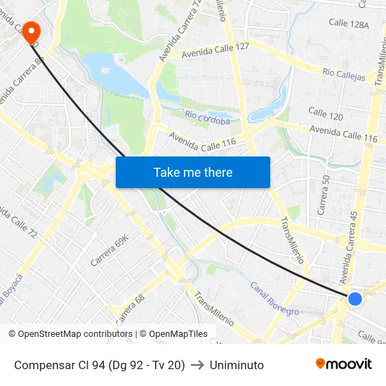 Compensar Cl 94 (Dg 92 - Tv 20) to Uniminuto map