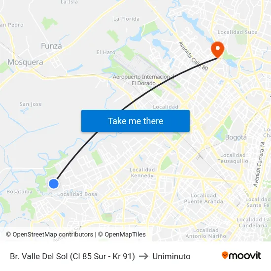 Br. Valle Del Sol (Cl 85 Sur - Kr 91) to Uniminuto map
