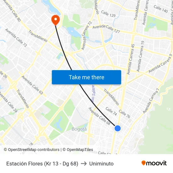 Estación Flores (Kr 13 - Dg 68) to Uniminuto map