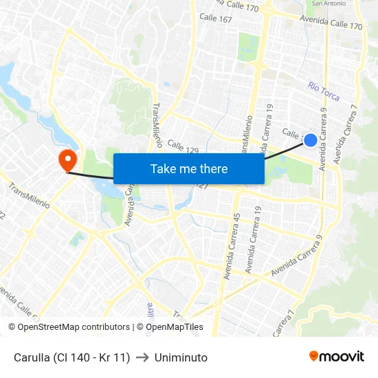 Carulla (Cl 140 - Kr 11) to Uniminuto map
