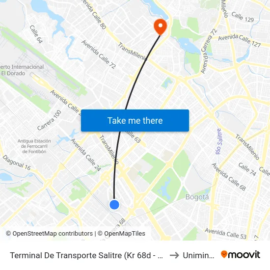Terminal De Transporte Salitre (Kr 68d - Cl 22c) to Uniminuto map