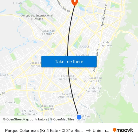 Parque Columnas (Kr 4 Este - Cl 31a Bis Sur) to Uniminuto map