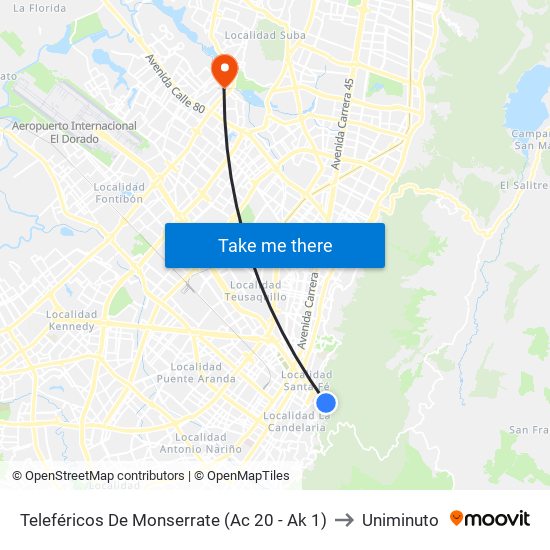 Teleféricos De Monserrate (Ac 20 - Ak 1) to Uniminuto map