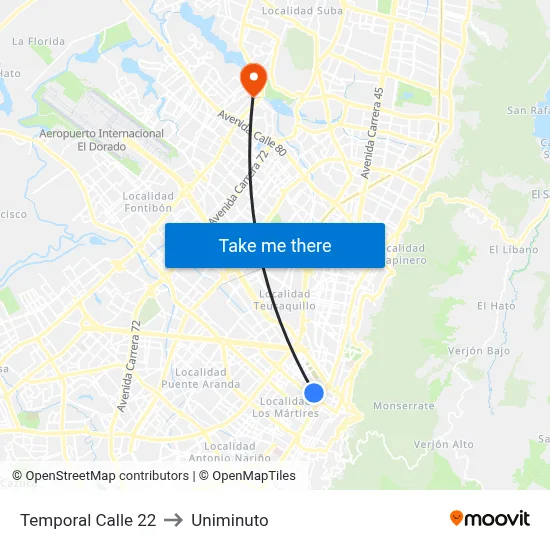 Temporal Calle 22 to Uniminuto map