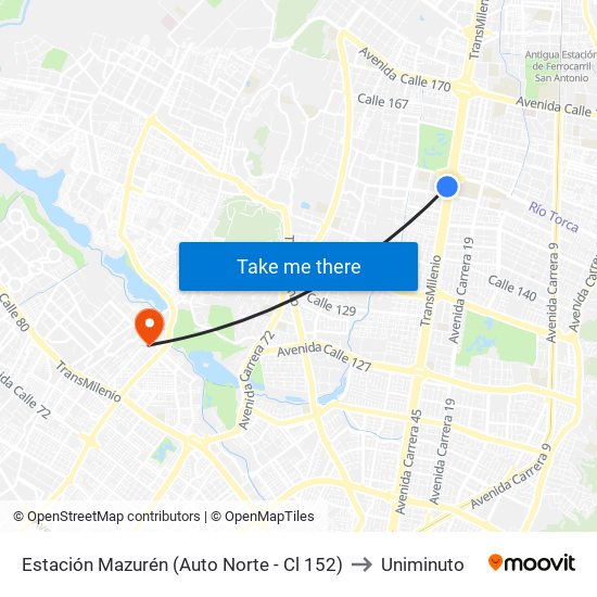 Estación Mazurén (Auto Norte - Cl 152) to Uniminuto map