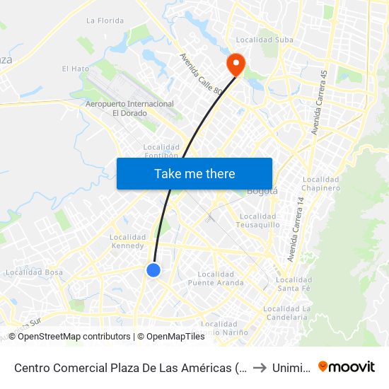 Centro Comercial Plaza De Las Américas (Cl 8 Sur - Kr 71a) to Uniminuto map