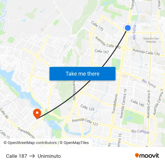 Calle 187 to Uniminuto map