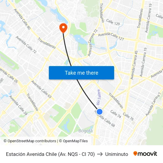 Estación Avenida Chile (Av. NQS - Cl 70) to Uniminuto map