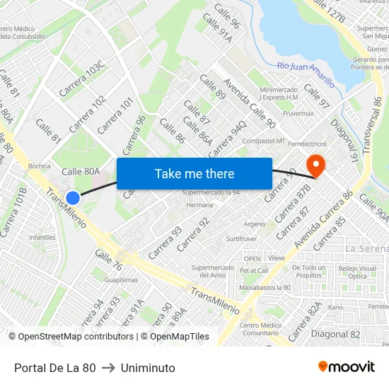 Portal De La 80 to Uniminuto map