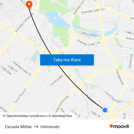 Escuela Militar to Uniminuto map