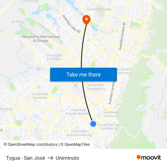 Tygua - San José to Uniminuto map
