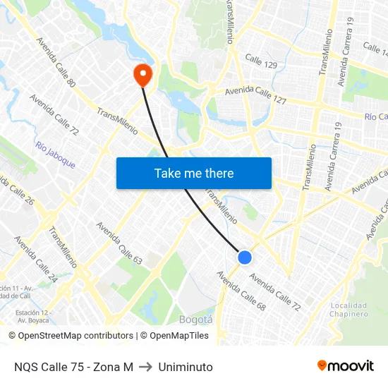NQS Calle 75 - Zona M to Uniminuto map