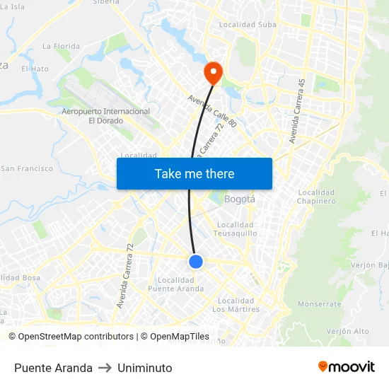 Puente Aranda to Uniminuto map