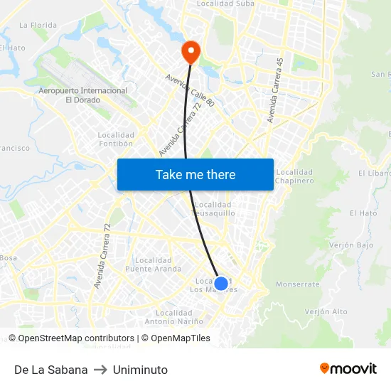 De La Sabana to Uniminuto map
