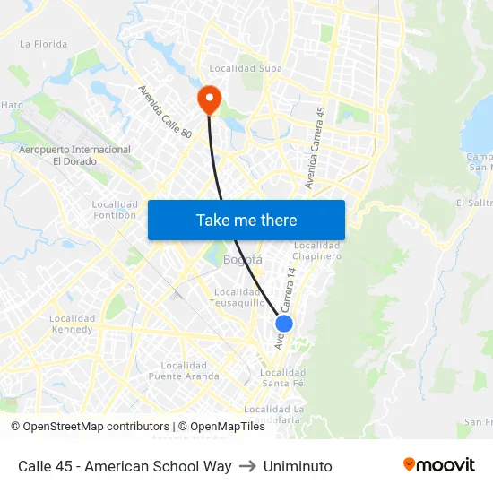 Calle 45 - American School Way to Uniminuto map