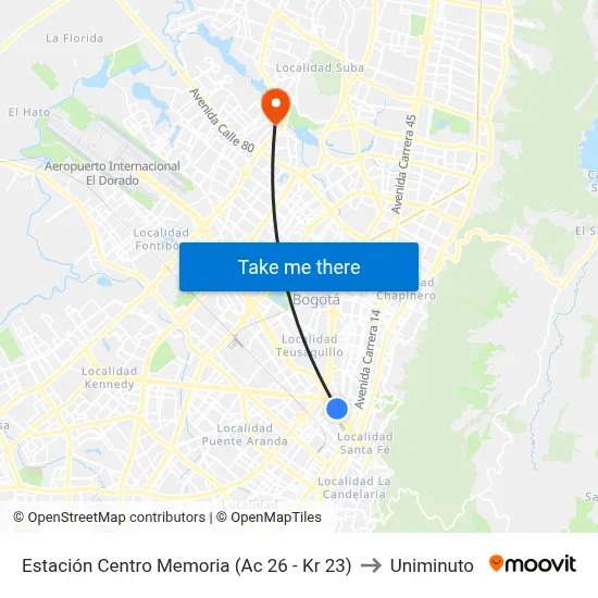 Estación Centro Memoria (Ac 26 - Kr 23) to Uniminuto map