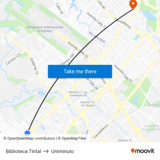 Biblioteca Tintal to Uniminuto map