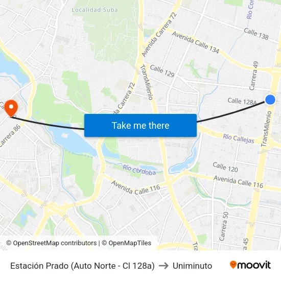 Estación Prado (Auto Norte - Cl 128a) to Uniminuto map