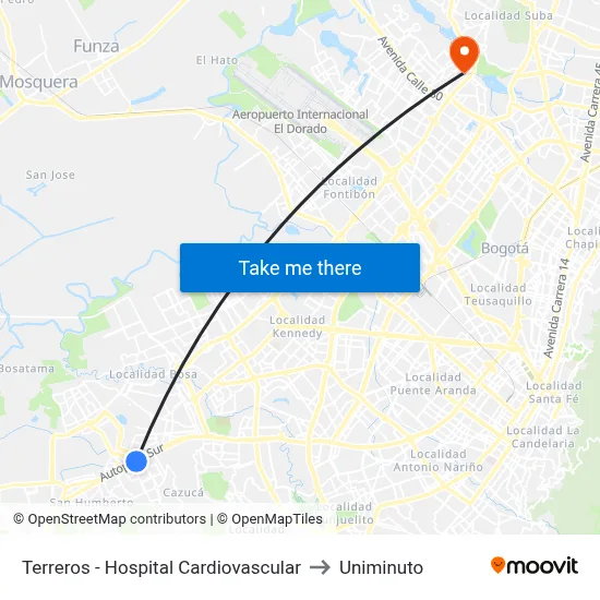 Terreros - Hospital Cardiovascular to Uniminuto map