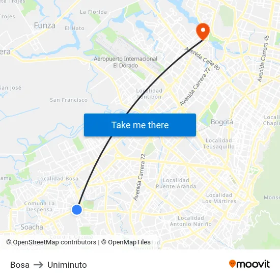Bosa to Uniminuto map