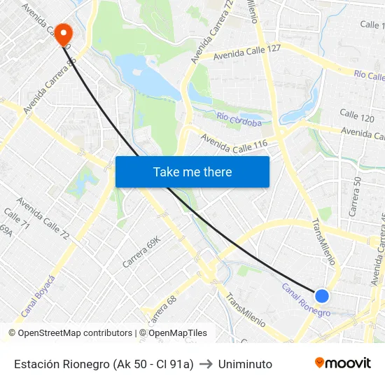 Estación Rionegro (Ak 50 - Cl 91a) to Uniminuto map