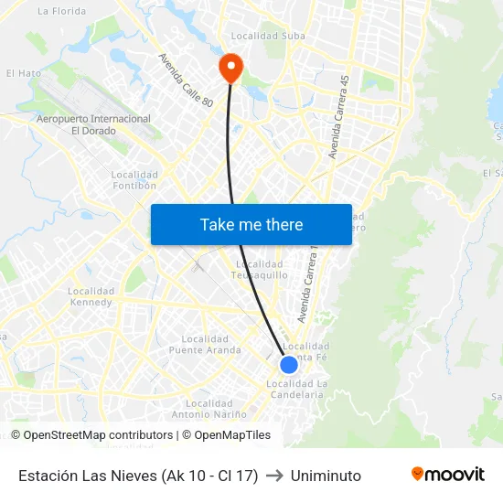 Estación Las Nieves (Ak 10 - Cl 17) to Uniminuto map