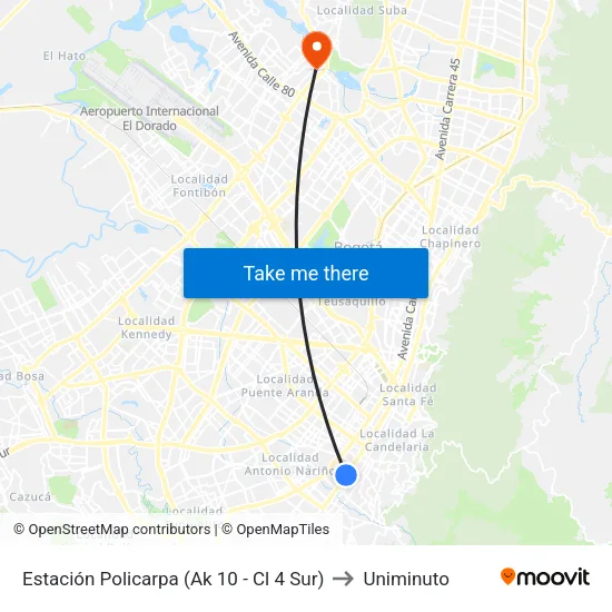 Estación Policarpa (Ak 10 - Cl 4 Sur) to Uniminuto map