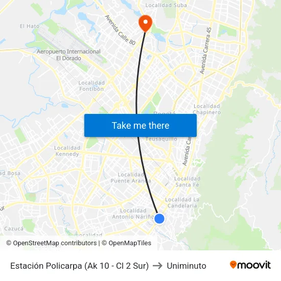 Estación Policarpa (Ak 10 - Cl 2 Sur) to Uniminuto map
