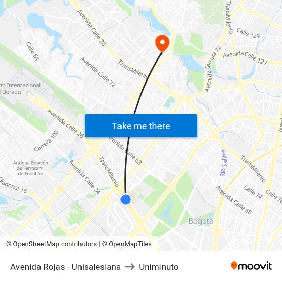 Avenida Rojas - Unisalesiana to Uniminuto map