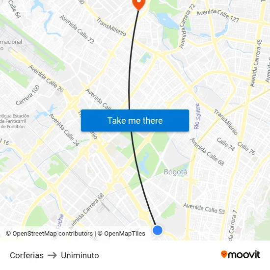 Corferias to Uniminuto map