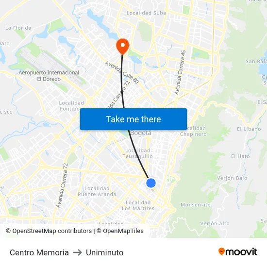 Centro Memoria to Uniminuto map