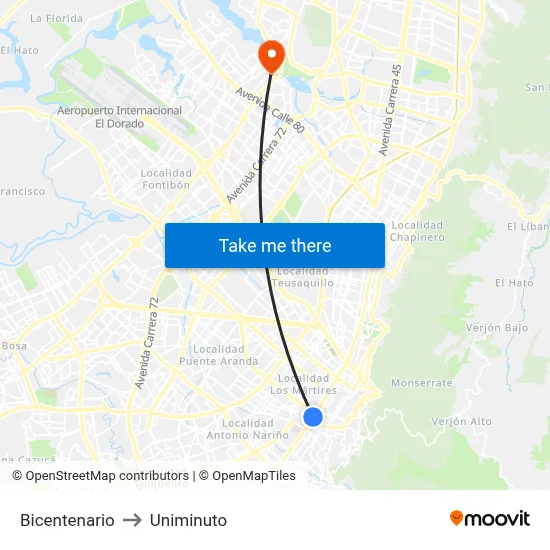 Bicentenario to Uniminuto map