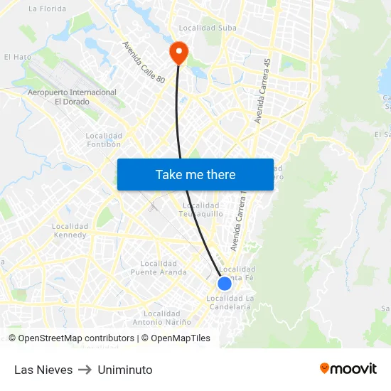 Las Nieves to Uniminuto map