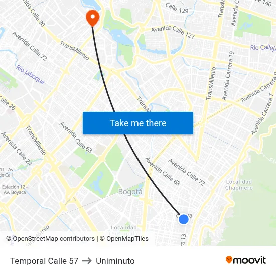 Temporal Calle 57 to Uniminuto map