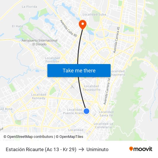 Estación Ricaurte (Ac 13 - Kr 29) to Uniminuto map