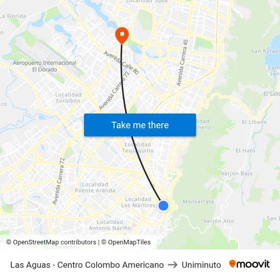 Las Aguas - Centro Colombo Americano to Uniminuto map