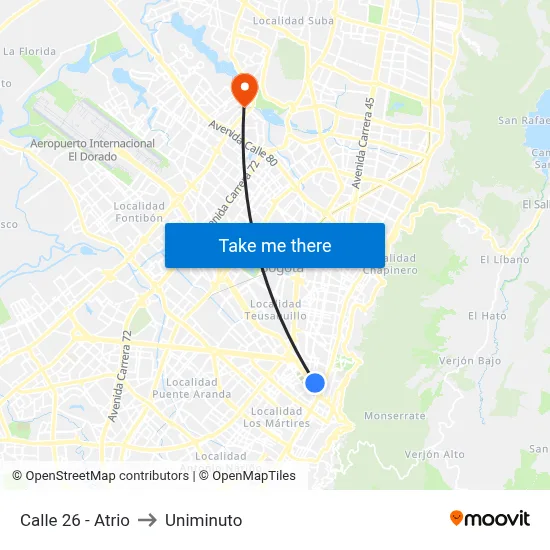 Calle 26 - Atrio to Uniminuto map