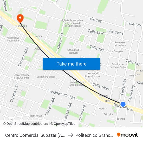 Centro Comercial Subazar (Av. Suba - Kr 91) to Politecnico Grancolombiano map