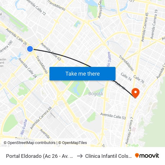 Portal Eldorado (Ac 26 - Av. C. De Cali) to Clínica Infantil Colsubsidio map