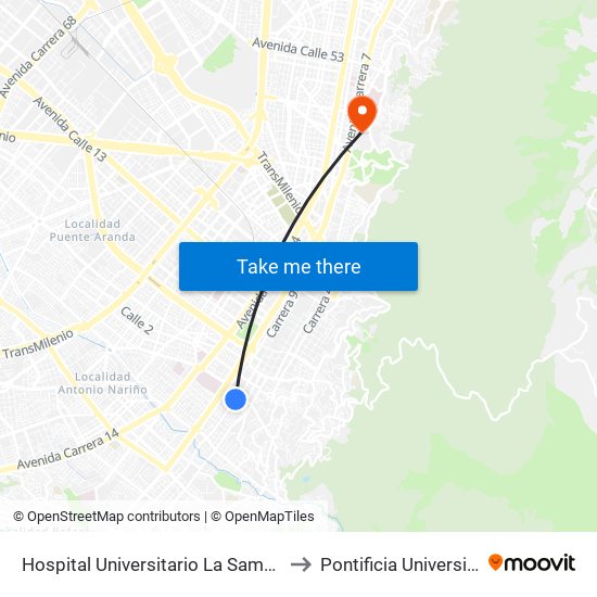 Hospital Universitario La Samaritana (Kr 8 - Cl 0 Sur) to Pontificia Universidad Javeriana map