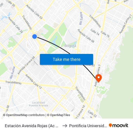 Estación Avenida Rojas (Ac 26 - Kr 69d Bis) (B) to Pontificia Universidad Javeriana map