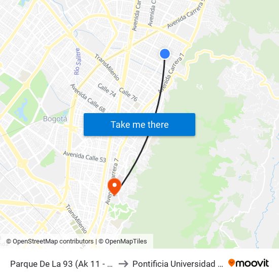 Parque De La 93 (Ak 11 - Cl 93a) (B) to Pontificia Universidad Javeriana map