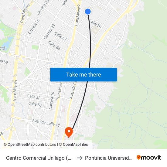 Centro Comercial Unilago (Ak 15 - Cl 77) (B) to Pontificia Universidad Javeriana map