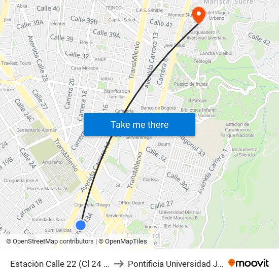 Estación Calle 22 (Cl 24 - Kr 13a) to Pontificia Universidad Javeriana map